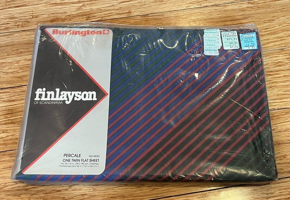 Vintage 1980s Finlayson Burlington Twin Bedsheet Flat Dark Blue Striped NIP